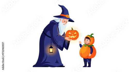 Halloween's Enchanted Exchange: A whimsical Halloween illustration features a benevolent wizard bestowing a glowing jack-o'-lantern upon a delighted child in a pumpkin costume.