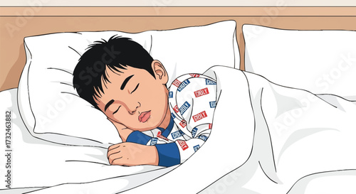 Boy Sleeps Soundly Under White Blanket in Bed