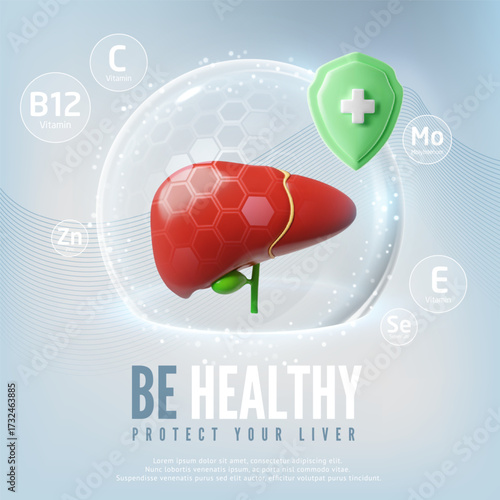 Be healthy protect your liver 3D realistic vector poster, hepatic system internal organ in dome and shield with cross