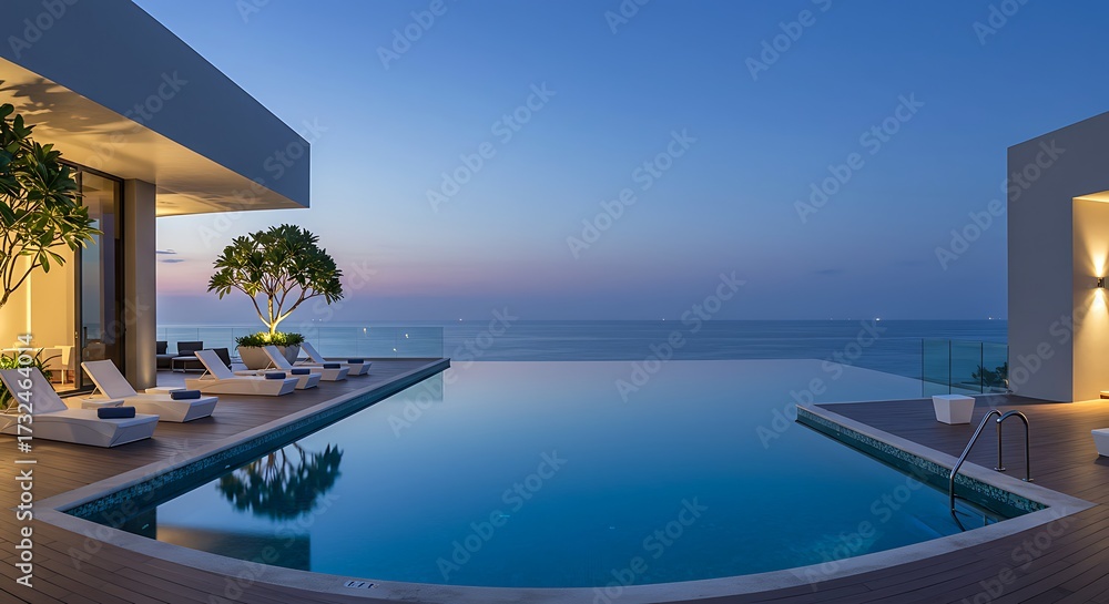 Obraz premium Luxury Modern Infinity Pool with Ocean View at Sunset in Elegant Villa