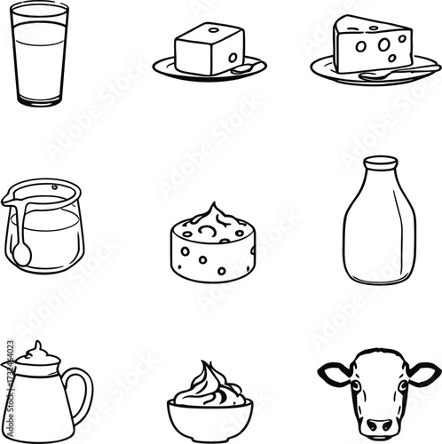 A collection of dairy products including milk cheese and cream in a simple line drawing style design
