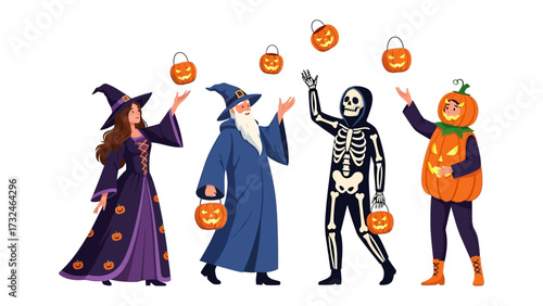 Halloween Revelry: Four costumed characters, a witch, a wizard, a skeleton, and a pumpkin head, engage in a whimsical Halloween scene.
