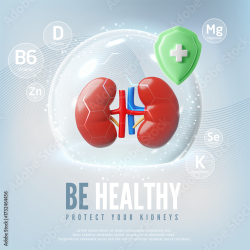 Be healthy protect your kidneys 3D realistic vector poster, green shield with cross, medical diagnostics and treatment