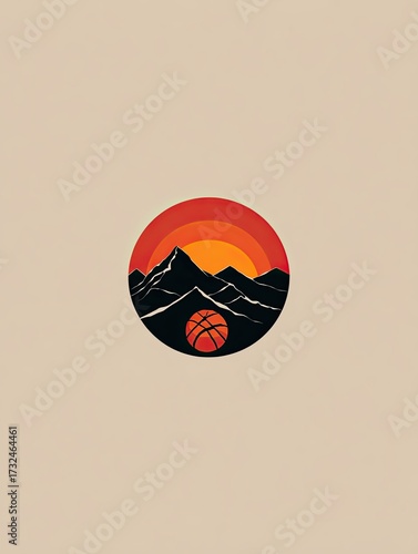 A minimalist graphic of a stylized sunset over mountains, encompassing a basketball within a circular frame, set against a neutral beige backdrop