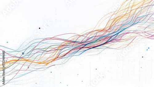 Vibrant Multicolored Wavy Lines Flowing Dynamically on a Clean White Grid Background, Representing Data Streams