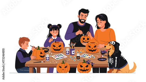 Halloween Family Pumpkin Carving: A loving family gathers around a table, engaging in the delightful tradition of carving pumpkins. The air buzzes with laughter and the spirit of Halloween.