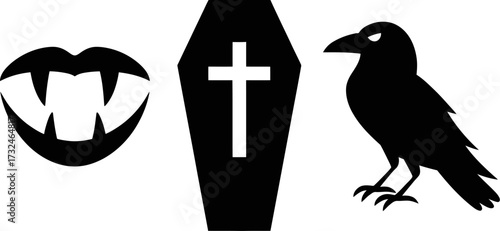 Halloween icons of vampire fangs, a coffin with a cross, and a crow on a white background.