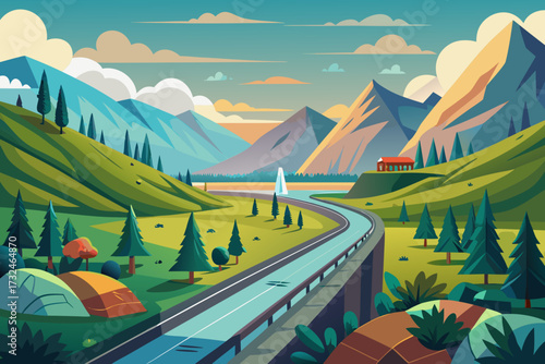 Vibrant mountain landscape unfolds with a scenic highway winding through rolling green hills towards distant peaks under a soft sky