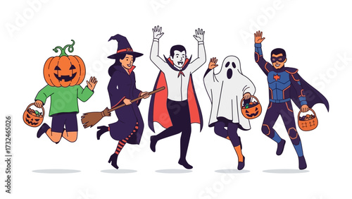 Halloween Fun: A lively group of people revel in the spooky season, dressed in captivating costumes and radiating an electrifying atmosphere of pure joy.