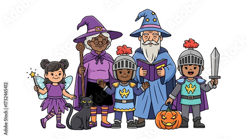Costumed Characters: A collection of whimsical characters, each adorned in unique attire – a fairy, witch, wizard, and two young knights, posing in playful harmony.
