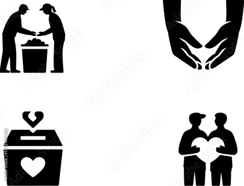 Icons representing donation, charity, and communal support.