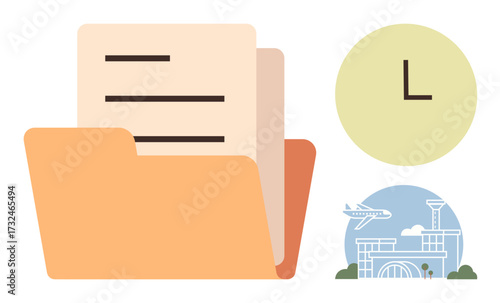 Folder with papers in focus, clock symbolizing time, and airport terminal for travel context. Ideal for scheduling, documentation, travel management, time efficiency, preparation, organization