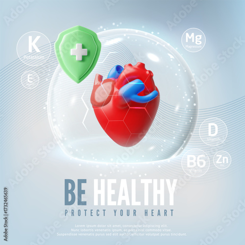 Be healthy protect your heart 3D vector poster, heart organ and green shield with cross, medicine treatment, healthcare