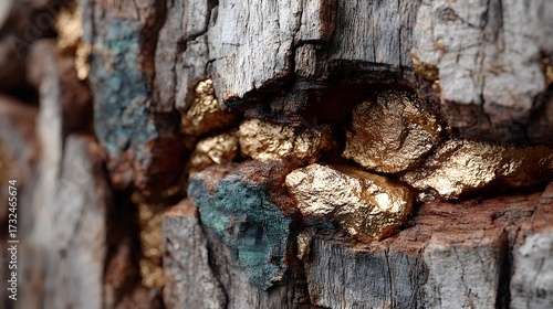Exposed gold nuggets are embedded within the weathered and textured surface of a mineralized rock formation, also showing areas of blue copper deposits nearby.