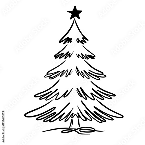 Christmas Tree Line Art, Hand Drawn Xmas Outline Illustration, Holiday Decoration Vector