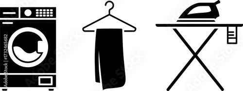 Washing machine, clothes on hanger, and iron on ironing board.