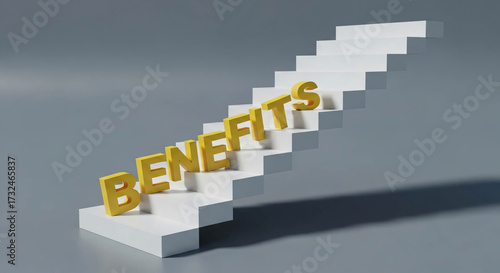 Golden Benefits Text on White Stairs Leading Upward Concept of Growth Success and Rewards