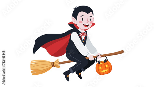 Halloween Flight: A friendly vampire boy rides a broom, clutching a pumpkin treat basket, soaring through the air. A charming scene filled with the festive spirit of the season.