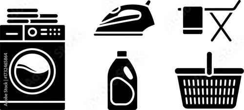Household laundry items including a washing machine, iron, drying rack, detergent, and basket.