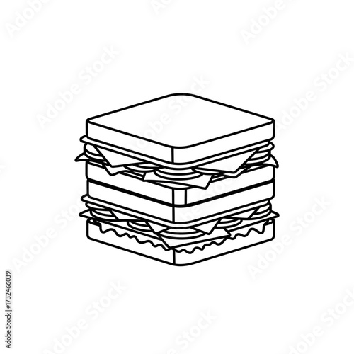 A simple black and white line art illustration of a multi-layered sandwich, featuring several slices of bread and various fillings.
