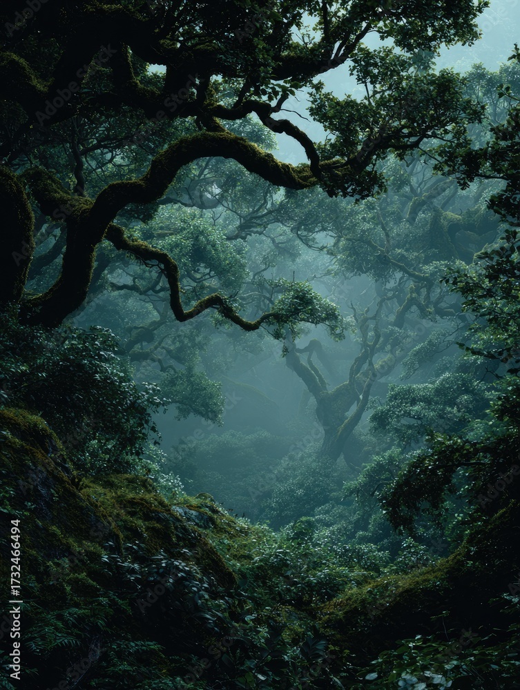 Fototapeta premium A misty, verdant forest scene, showing gnarled, moss-covered trees arching over a shadowy path