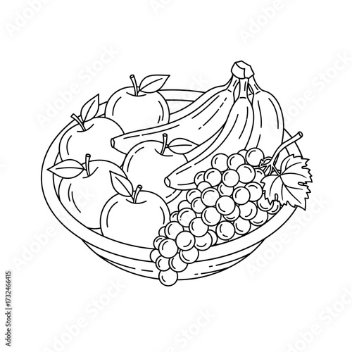 Line art illustration of a fruit bowl filled with apples, bananas, and grapes, depicting a healthy snack.