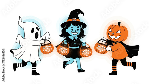 Spooky Trio: Three costume kids ready for Halloween with a fun illustration. Capturing a fun vibe for this scary holiday.
