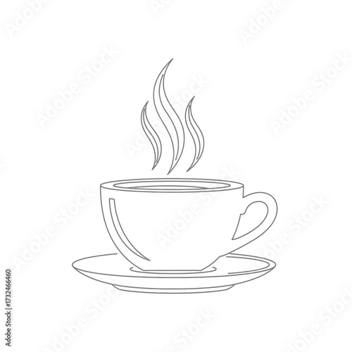 Line drawing of a steaming cup of coffee on a saucer.