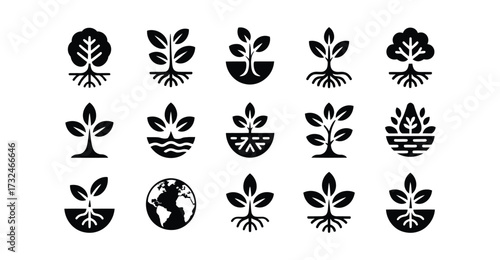  Set of 16 black and white icons of plants with roots, soil, water, and Earth elements, symbolizing growth, ecology, and sustainability