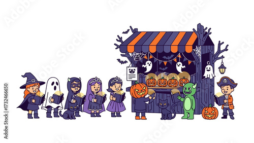 Spooky Delights: Children dressed in creative costumes browse a festive Halloween stand, creating a joyful scene of trick-or-treating preparations.