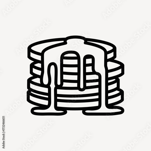 Black and white illustration of a stack of pancakes with syrup drizzled over them.