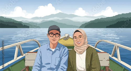 Couple Relaxing on a Boat Trip with Mountain Views