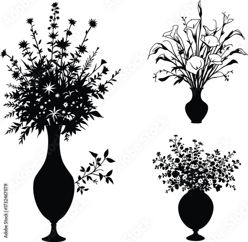 Three vases with floral arrangements in black silhouette against a white background display elegance