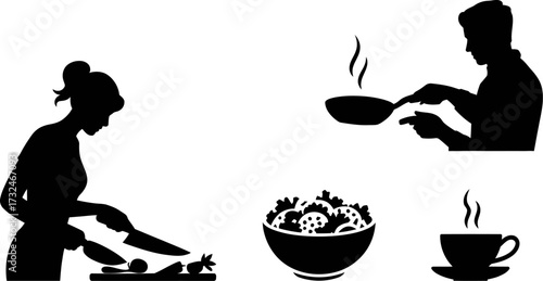 Silhouettes of people preparing food in a kitchen setting.