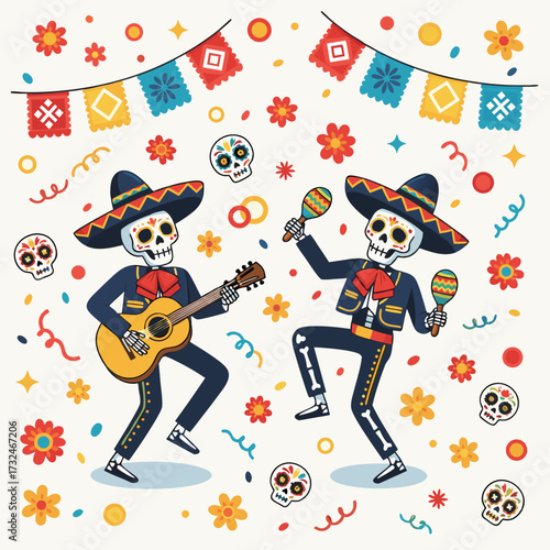 Lively Day of the Dead Festival Skeletons Dance and Play Guitar, a Beautiful Cultural Tradition from Mexico with Calavera Charm