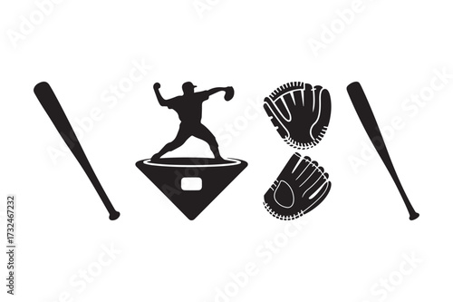 Baseball elements silhouette with pitcher and equipment