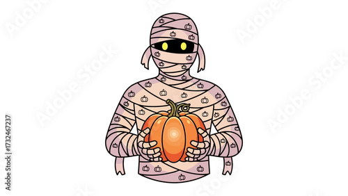 Mummy Holding Pumpkin: A stylized illustration of a mummy clutching a vibrant pumpkin, perfect for Halloween-themed visuals.