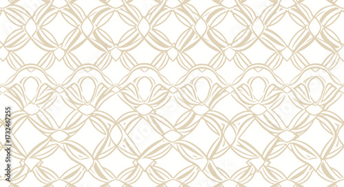 Repeating, curvy, diamond trellis in ecru on white background