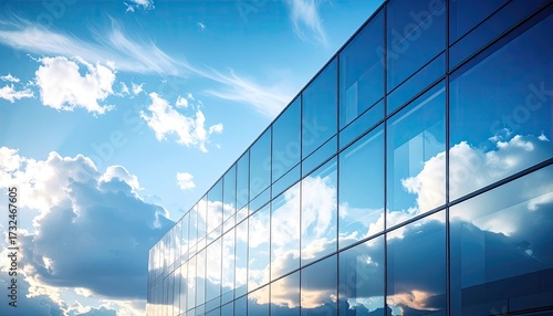 A modern glass building's exterior reflects a partly cloudy sky, showcasing a dynamic interplay of architecture and nature