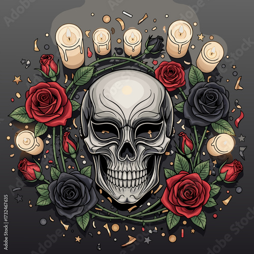 Dia de los Muertos festival tradition in Mexico with Catrina calavera, marigold ofrenda for Day of the Dead