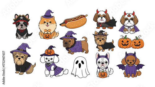 Halloween Dog Party: A collection of adorable cartoon dogs in various Halloween costumes. Each pup is a unique and festive representation of holiday spirit