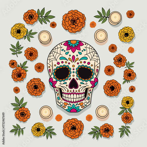 Dia de los Muertos festival ofrenda with calavera skull and marigolds, a Day of the Dead Mexico tradition