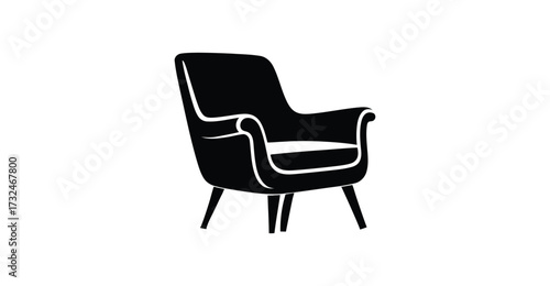  Black silhouette of mid-century modern armchair with curved backrest and angled legs, ideal for interior design, furniture, and decor themes