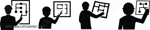Engineer silhouettes reviewing sewerage plans and schematics vector