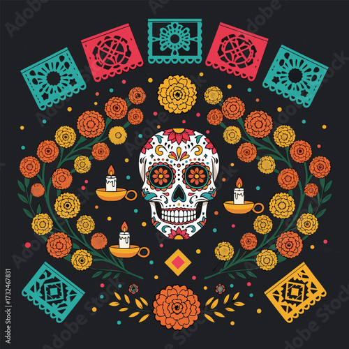 Dia de los Muertos festival, Mexico culture tradition. Day of the Dead ofrenda calavera catrina marigold