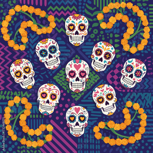 Dia de los Muertos Celebration A vibrant Mexican festival with calaveras, marigolds, and cultural tradition