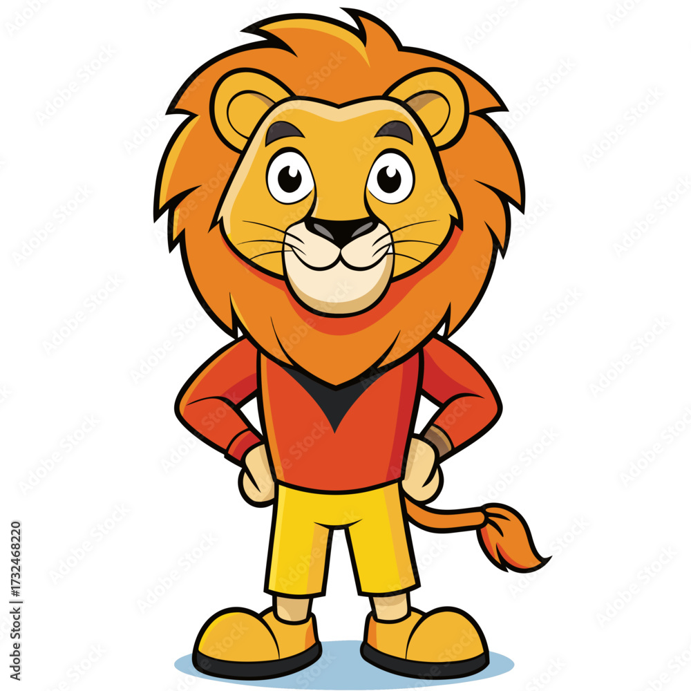 Obraz premium A funny, cute cartoon lion character with a big mane, smiling and looking happy, perfect for a wildlife illustration or vector art