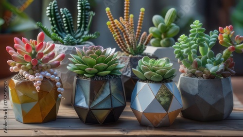 Vibrant Succulent Collection in Modern Geometric Pots with Cascading String of Pearls