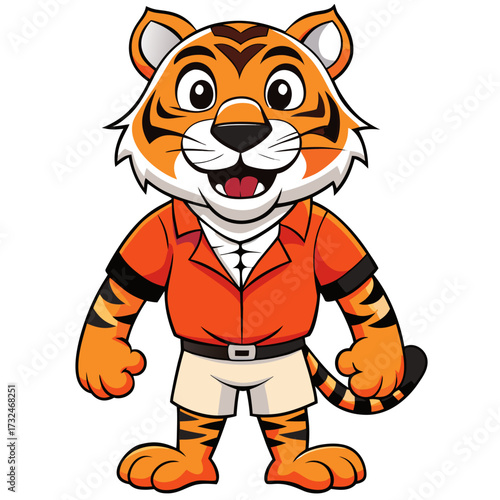 Cute, striped tiger cartoon character vector illustration of a baby cub or mascot for wildlife and nature fun