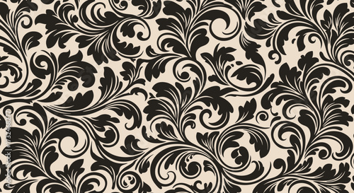 Floral motif pattern in black and beige, seamless design